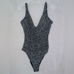 Skye Black White Striped Open Back Cheeky One Piece Bathing Suit size large